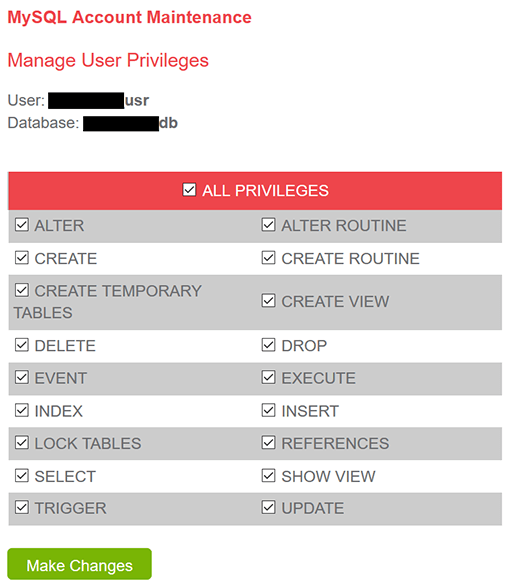 cPanel Manage MySQL User Privileges