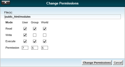 cPanel File Manager Change Permissions dialog