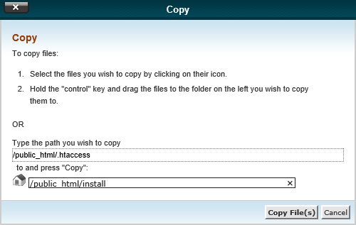 cPanel File Manager Copy dialog