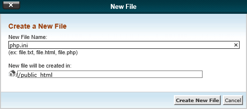 cPanel File Manager New File dialog