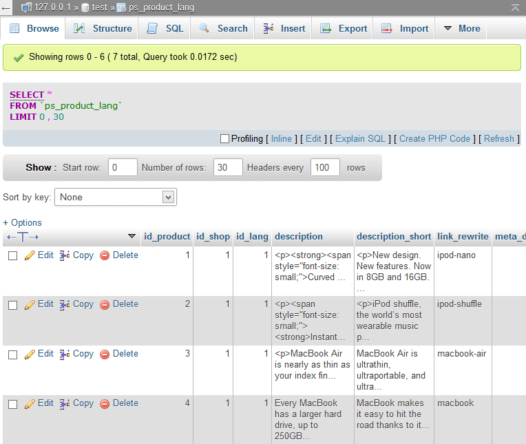 phpMyAdmin Browse Table