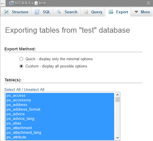 phpMyAdmin Database Export