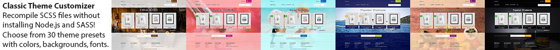 Classic Theme Customizer - Recompile SCSS files without installing Node.js and SASS! Choose from 30 theme presets with colors, backgrounds and fonts.